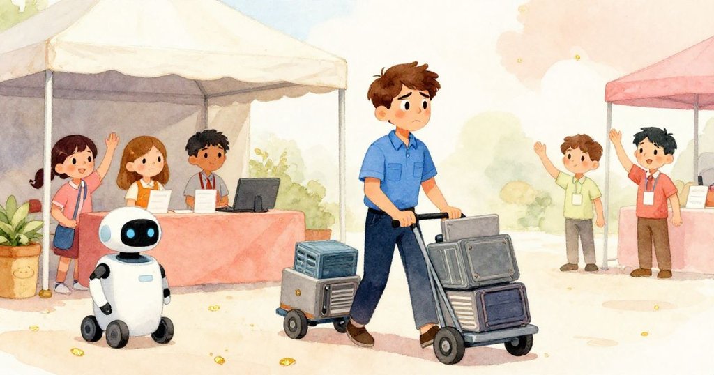 朱利安駕馭滿載筆記本的手推板進入陽光庭院，送貨機器人隨行，志工揮手迎接，展現圓滿結局。