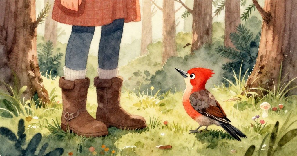 米拉的靴子踩在滿是露珠的青草上，清晨自然光映出清新足跡，充滿探索與冒險活力。