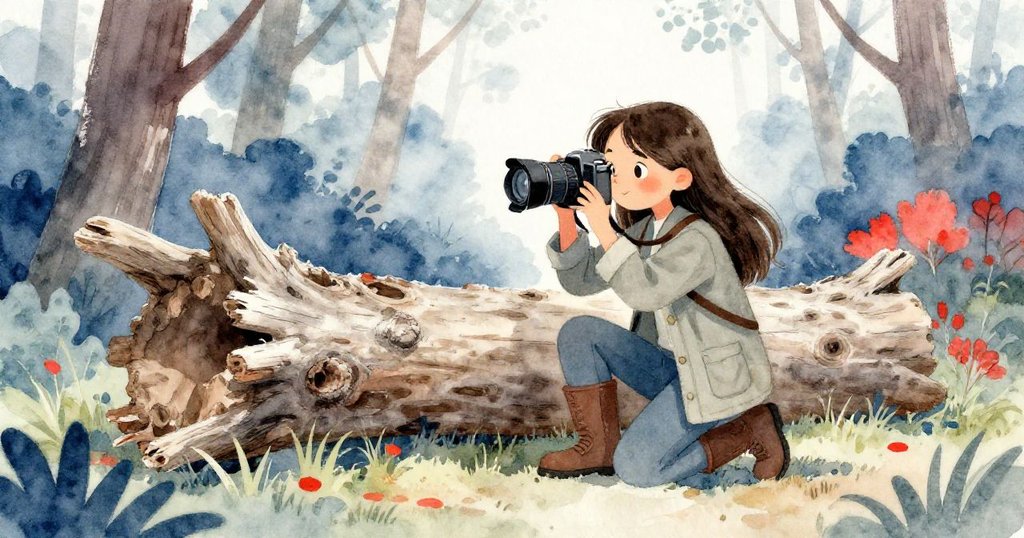 米拉在樹林中跪於倒木旁，認真調整相機尋找啄木鳥蹤跡，周圍光影斑駁充滿靜謐與好奇。