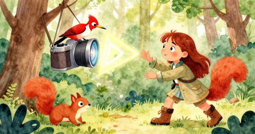 米拉追逐松鼠時，相機意外記錄下火紅啄木鳥停在鏡頭上的奇幻瞬間，森林中充滿神秘與驚喜光芒。