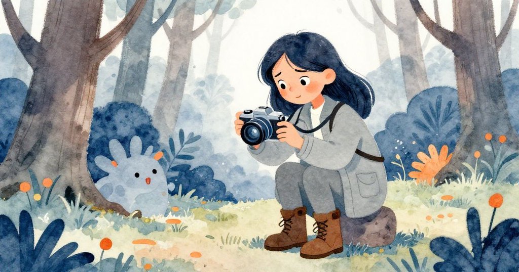 米拉在林邊仔細檢查相機畫面，臉上流露出堅定與欣慰，迅速備份成功照片，充滿決心與希望。