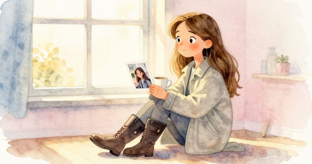 米拉在暮色中急歸家中，桌上珍藏照片旁擺著空咖啡杯，臉上滿是平靜與滿足，結束一天冒險。