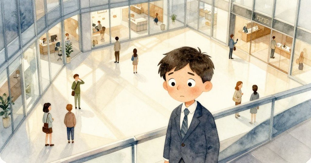 文生Vincent自上而下進入玻璃大廳,清晨的陽光映照石面,眾多申請者忙碌中透出希望與期待。