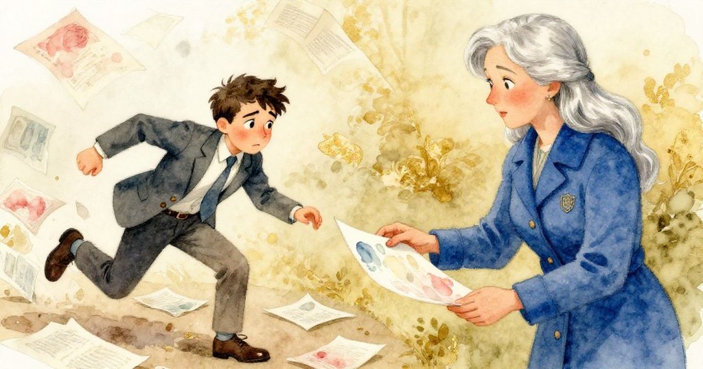 文生Vincent不慎絆倒散落文件,旁邊銀髮陌生人穿藍外套溫柔扶起一幅水彩畫,雙重瞬間交織情感。