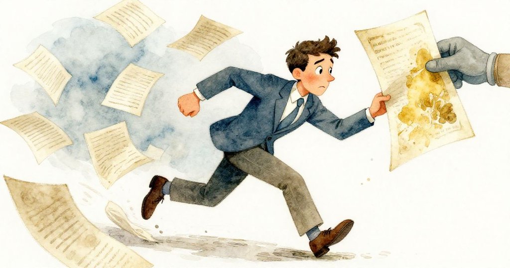 文生Vincent急速追逐飛散文件,旁邊一隻戴手套的手穩拿鮮豔水彩畫,動感與溫柔並存場面展現。