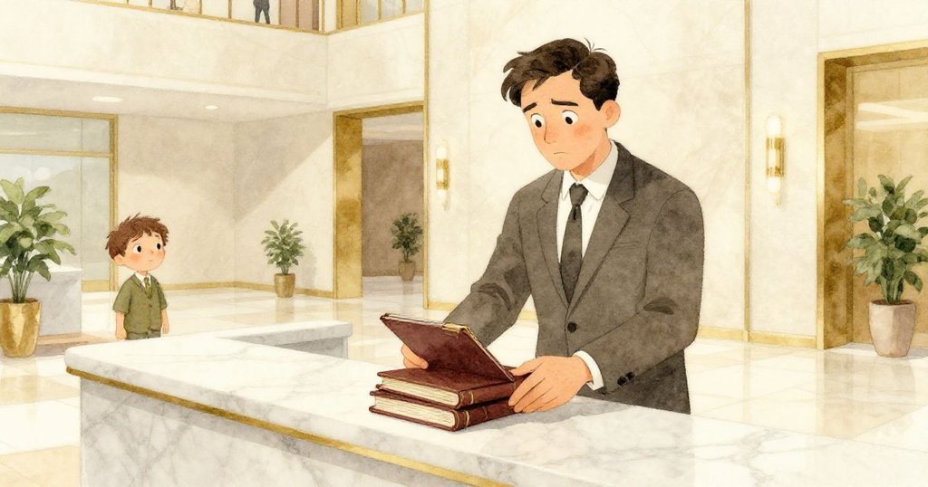 文生Vincent整理文件重新走向接待台,大廳漸靜解決氛圍,展現重新把握機會的堅定與從容。