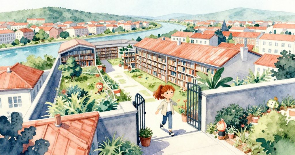 Clara推開鐵門走入圖書館屋頂花園，從上方俯瞰銅色屋頂、河流與遠山，充滿期待與溫暖陽光的城市美景。