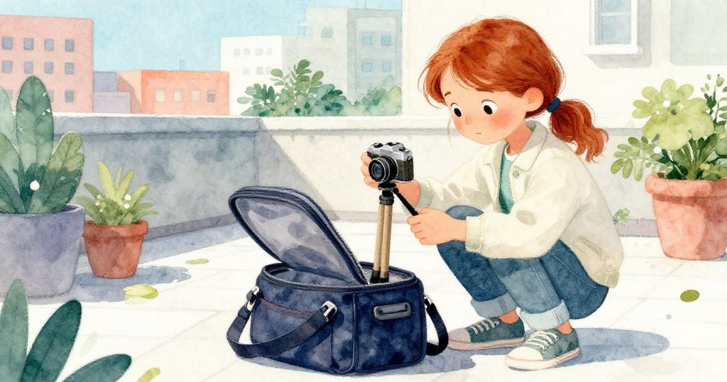 Clara開啟相機包，仔細檢查三腳架與相機設備，光線柔和且設備細節豐富，表現出專注準備的情緒。