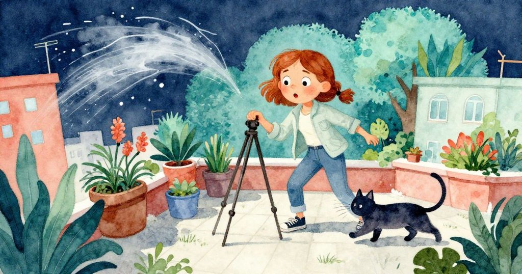 Clara驚訝調整三腳架，突如其來的風讓畫面扭曲，一隻靈巧貓從旁划過，場景充滿活力與幽默。