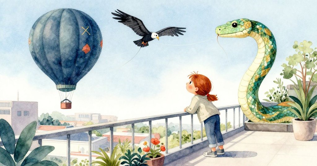 Clara站在欄杆邊，驚喜凝視一隻巨型布製蟒蛇氣球與禿鷲風箏翱翔藍天，現出現代城市與童趣奇景。