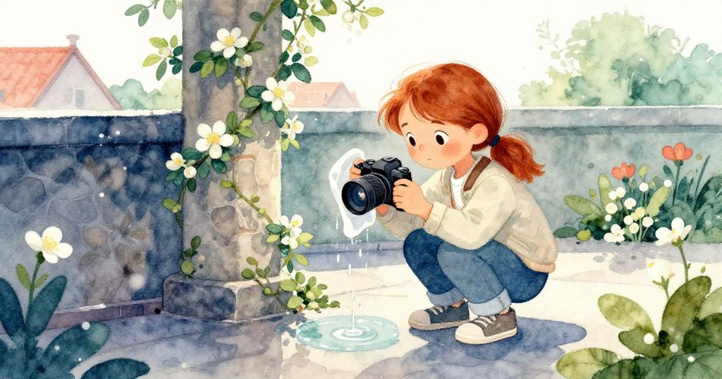 Clara蹲在藤蔓環繞的石柱旁調整相機設備，濕潤手指輕拭水滴，表情中流露堅定與微許困惑。