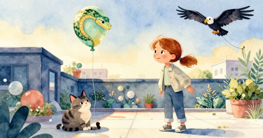 Clara滿懷微笑定格畫面，前景悠閒貓咪與天上飛舞的蟒蛇氣球及禿鷲風箏交織，屋頂景致和諧溫馨，故事圓滿落幕。