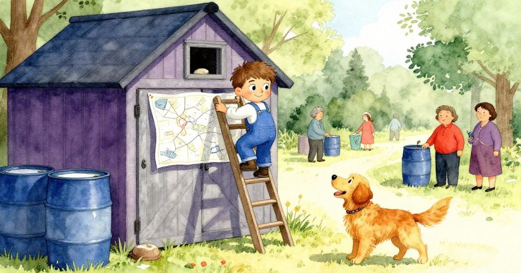 梅森在祖母小屋後測量雨槽，與鄰居與金毛犬互動，充滿期待與活力的早晨場景。