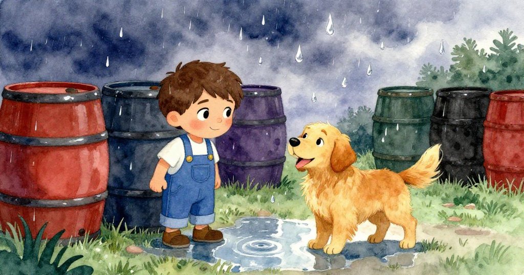 梅森與金毛犬在雨初始時互動，水面映出天色與彩桶，充滿動感與靜思交織的光影效果。