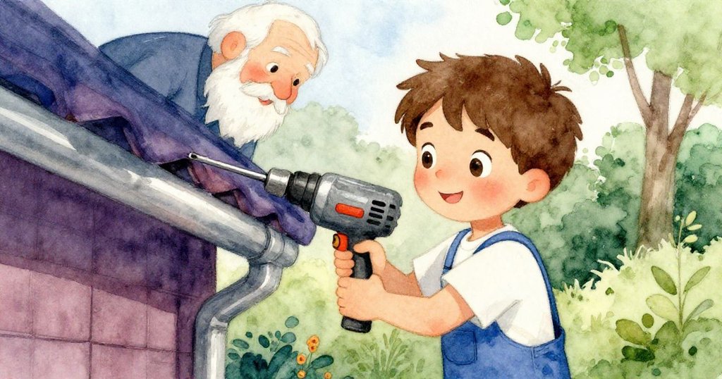 梅森回憶使用祖父老電鑽修補雨槽，溫柔懷舊色調中展現努力與往日時光的情懷。