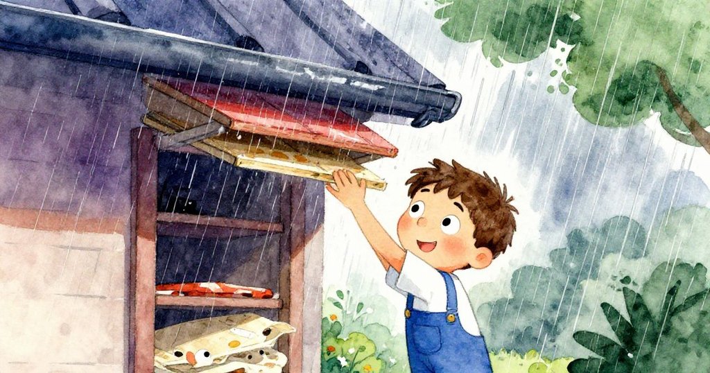 梅森忙著加入支撐板，雨滴動感留痕，展現奮力修補與雨水奔流的生動瞬間。