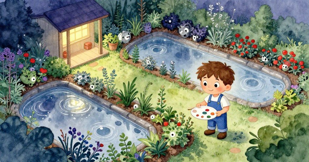 暮色中梅森注視雨水灑入香草園，廣闊花園與微小人影呈現出寧靜圓滿的修繕成果。