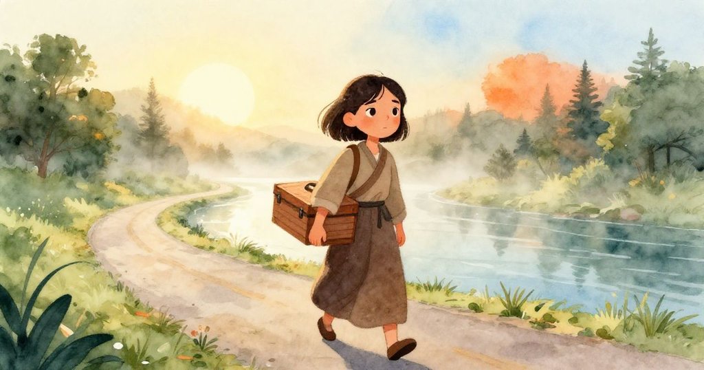 米拉在晨霧迷漫的河路上攜帶漆盒前行,臉上充滿堅定神情,柔和金光與自然景緻交織,展開旅程。