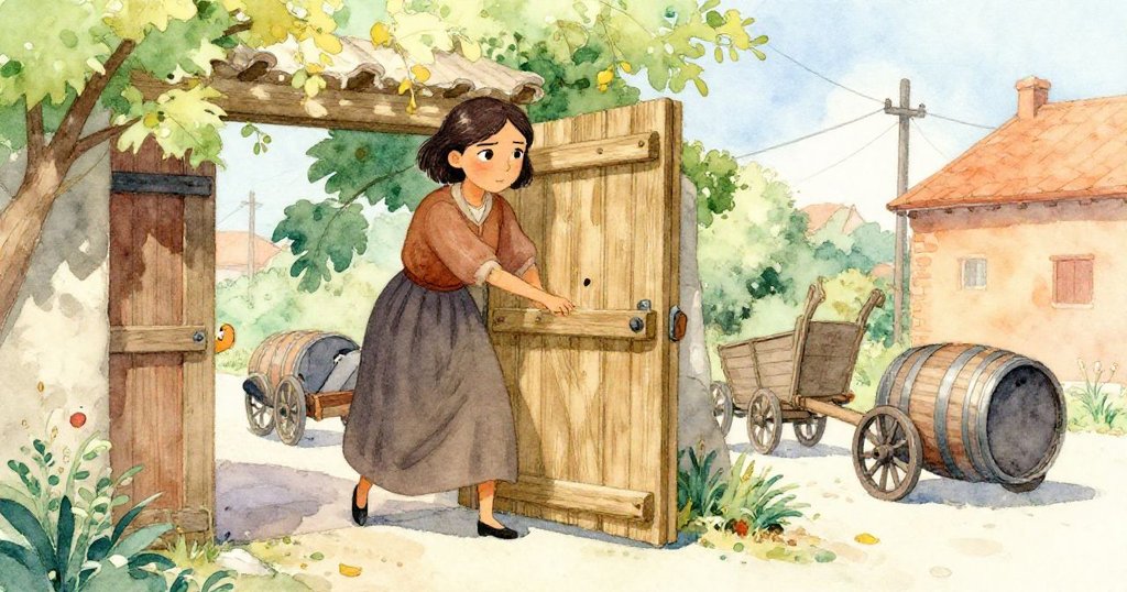 米拉站在木跳板前,面對穩門撞擊與推動的橡木桶阻路,正努力移動阻礙,神情專注而堅定。