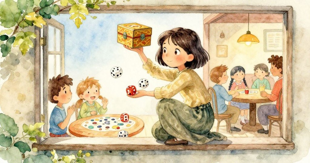 米拉在熱鬧酒館內蹲守窗邊,側身小心平衡漆盒,桌上骰局熱鬧,室內燈光溫暖,氛圍喜悅。