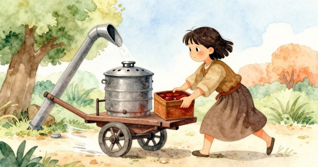 米拉迅速將漆盒放上移動釀酒車,盒子沿傾斜槽道滾動,動態場景展現她果斷與靈巧,充滿活力。