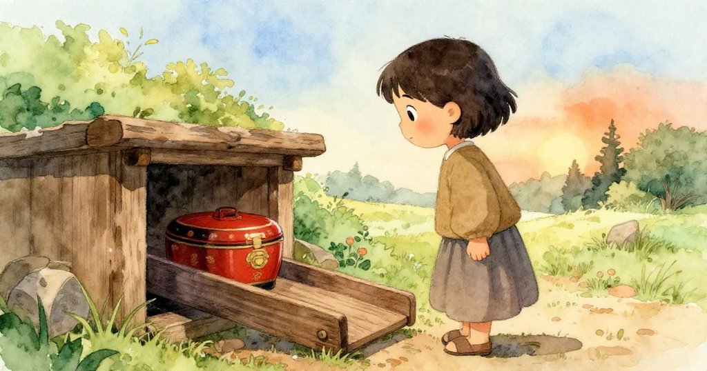 米拉在木跳板前目送漆盒順利滑入,臉上滿是安心與喜悅,鄉村傍晚光景溫暖寧靜,故事圓滿落幕。