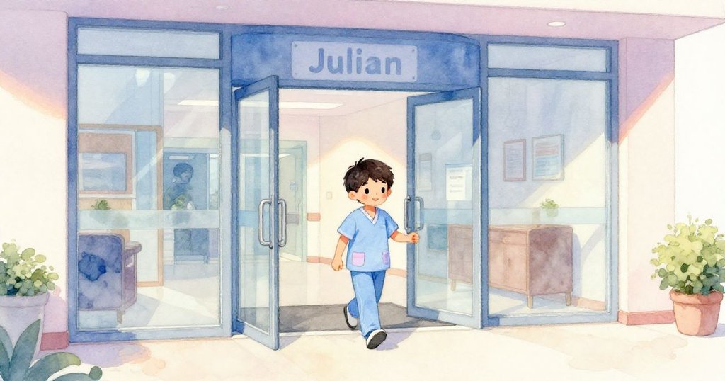 Julian手持紙板托盤穿過自動門進入充滿柔和粉彩色走廊的Riverstone養護院，臉上流露堅定與期待