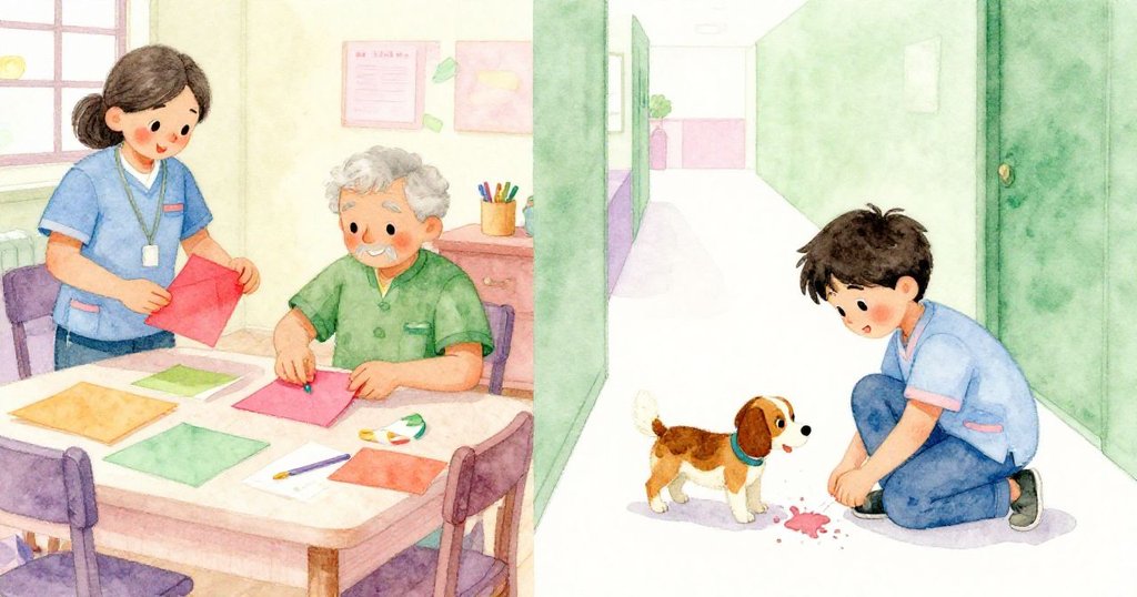 左邊志工與長者在手工室中摺紙，右邊Julian蹲下收拾物品，治療犬友善嗅聞洩漏液體，兩側情景互動展現溫馨時刻