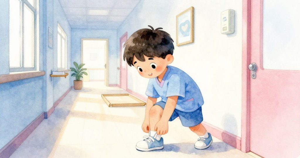 走廊中一位訪客低頭繫鞋帶，Julian小心躲避，柔和夕陽灑落在走廊上展現平靜流動的暖意