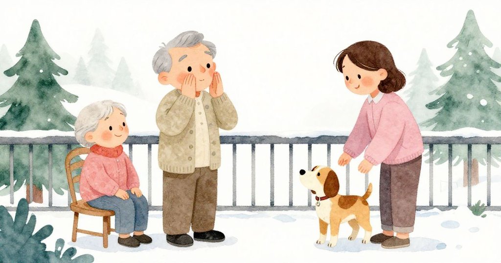 Mr.Ortega在陽台上溫柔帶領兩位新住戶進行呼吸練習，治療犬的看護微笑接過椅子，群體氛圍溫馨感人