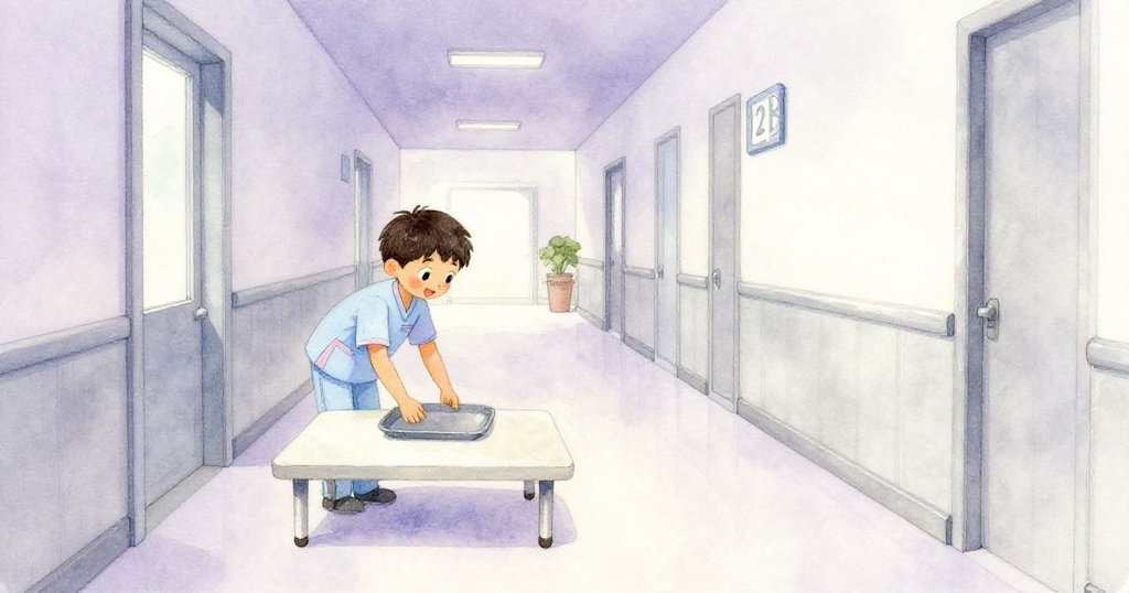 Julian在12B房間旁的低桌上放置托盤，走廊中柔和光線與遠處低語聲營造出寧靜且溫暖的結局