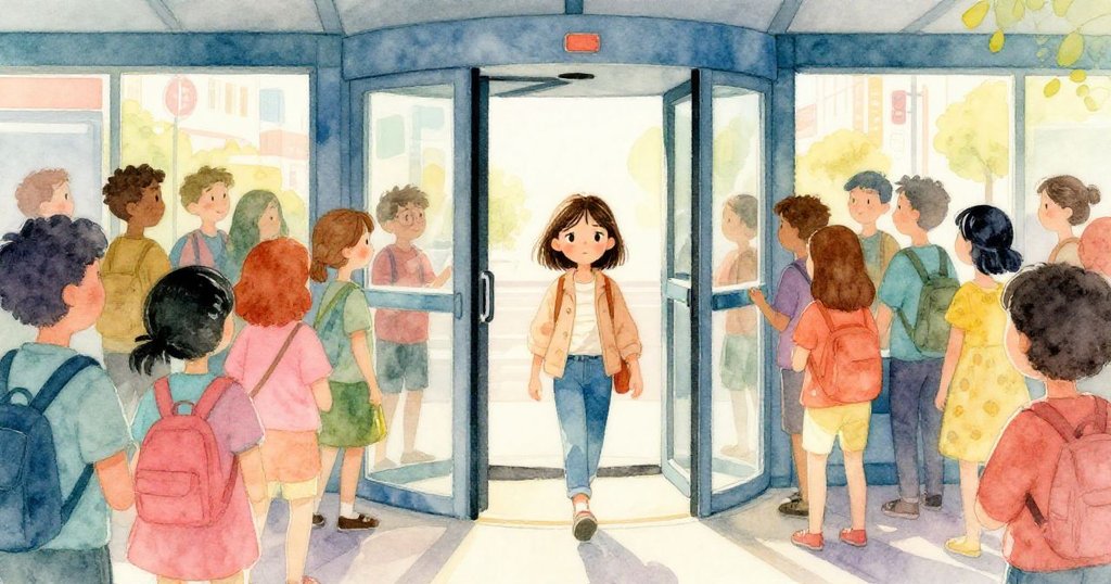 Avery 穿過旋轉門進入擁擠車站，手中握著即將失效的卡片，環境充滿人群與夕陽光芒，充滿活力與期待。