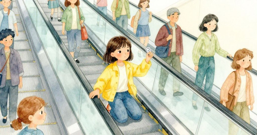 Avery 在擁擠的電扶梯上彎腰撿取滑落的卡片，高角度展現出人群凝滯與她緊張果斷的身影。