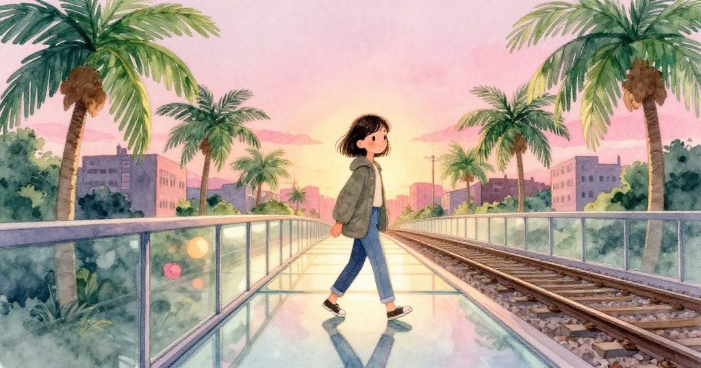 Avery 穿越玻璃橋，踏著穩健步伐在夕陽映照下的城市軌道間前行，呈現希望與溫暖的旅程。