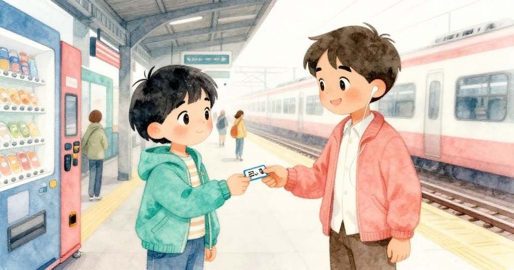 Avery 與 Marco 在月台上互遞卡片，彼此目光交流充滿暖意與理解，背景顯現繁忙車站與柔和燈光。