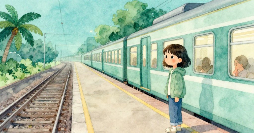 Avery 站在空蕩的月台上目送離去列車，晚霞與夜色交織中展現告別與新希望，情感深沉令人動容。