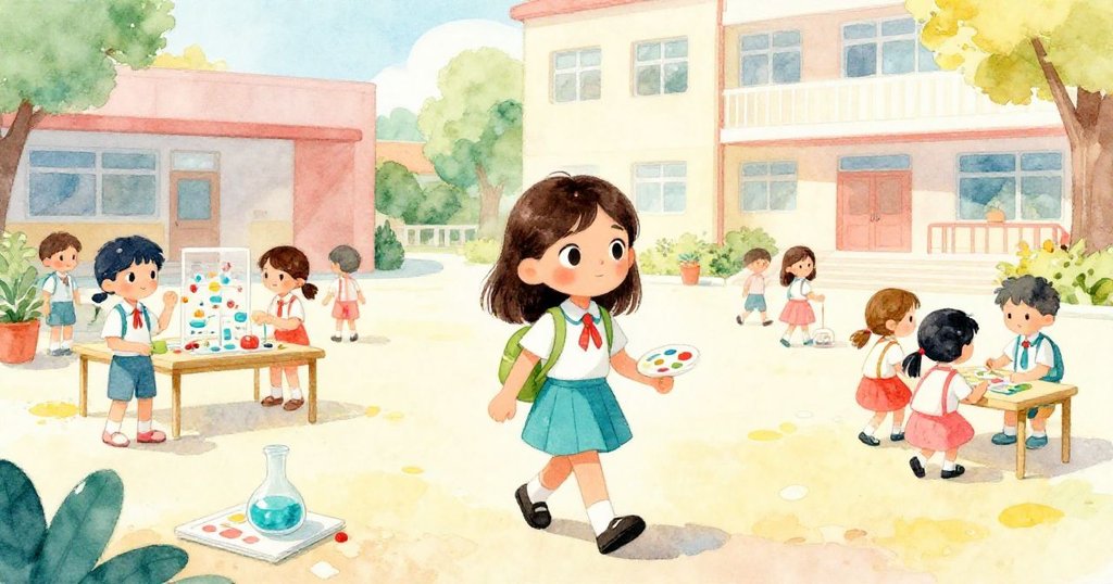 米拉走入充滿晨光的校園庭院，與眾同學交錯，臉上寫滿期待，背景散落著各式科學專案和活動氣氛。