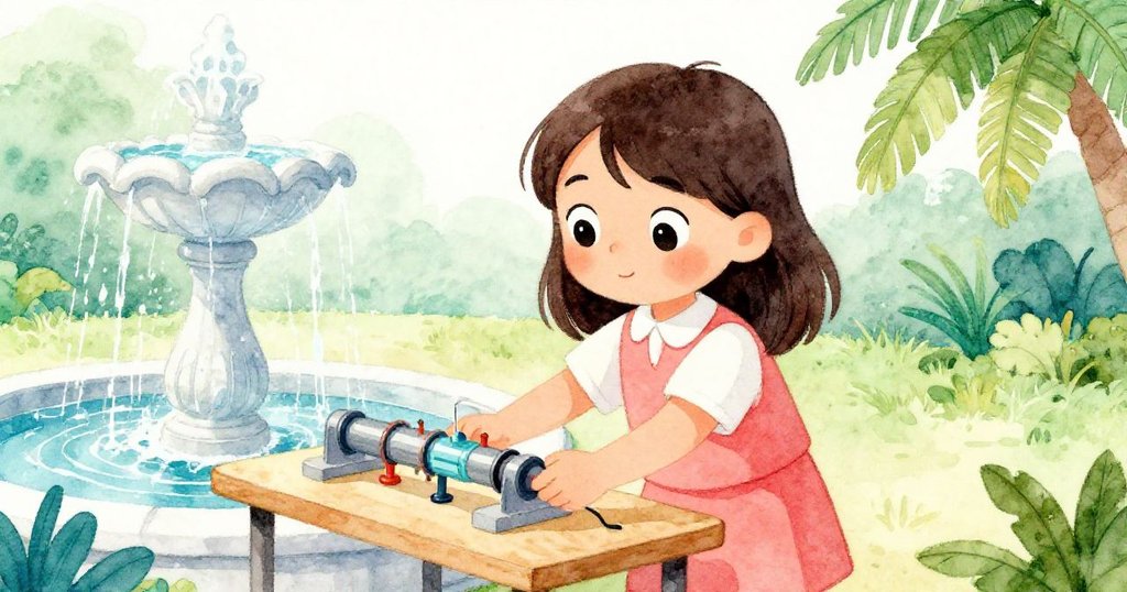 米拉專注地將桌子靠近噴泉，桌上迷你模型與古典噴泉對比鮮明，動作細膩表現專注與一些緊張。