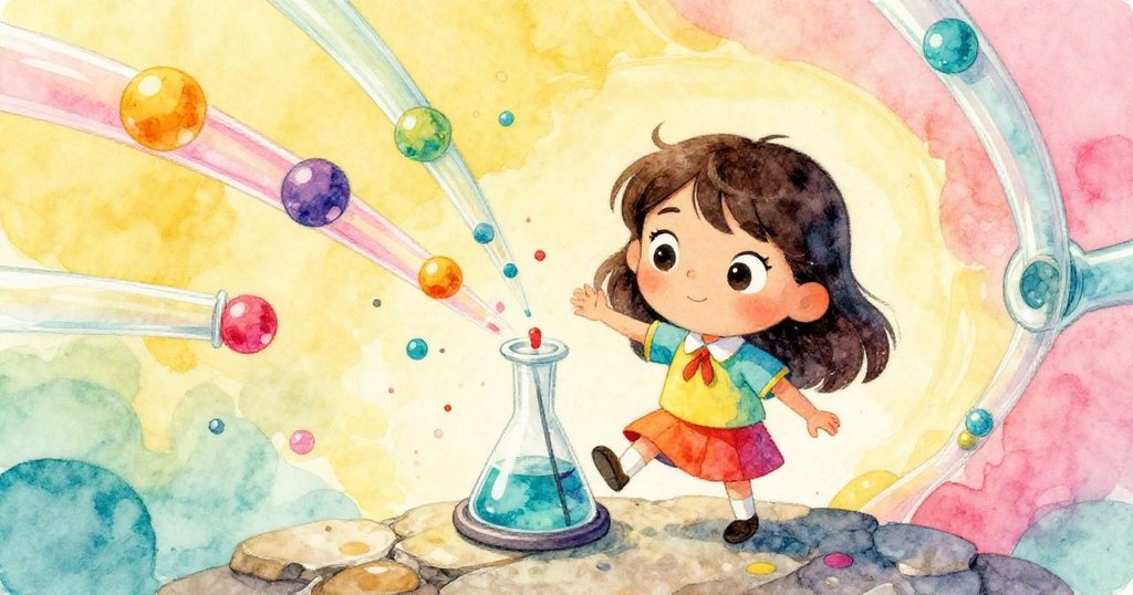 米拉啟動模型後，桌腳在粗糙石板上搖晃，彩色珠子在管道中瘋狂奔流，表情顯露出擔憂與緊張。