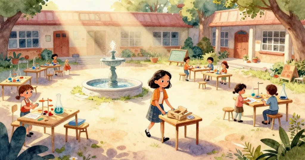 小狗從長椅後迅速衝出，追逐飄動緞帶，動作活潑背景為校園過渡空間，充滿驚喜與活力。