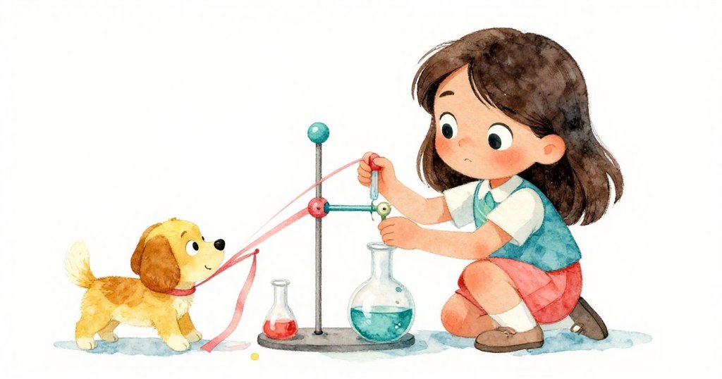 米拉蹲下調整晃動模型，小狗與她互拉緞帶，動作中透露著緊張轉化為溫馨互動，場景充滿家的感覺。