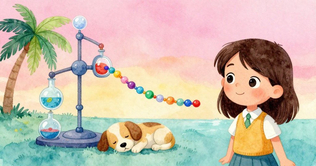 模型穩定運作，彩色珠子平順流動，小狗安睡桌下，米拉滿足微笑，夕陽映照校園環境展現溫馨收尾。