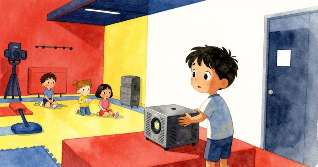 在體育館裡,Marcos忙著調整投影立方,背景中有好奇同學與劇團夥伴,現場充滿興奮與期待氣息。