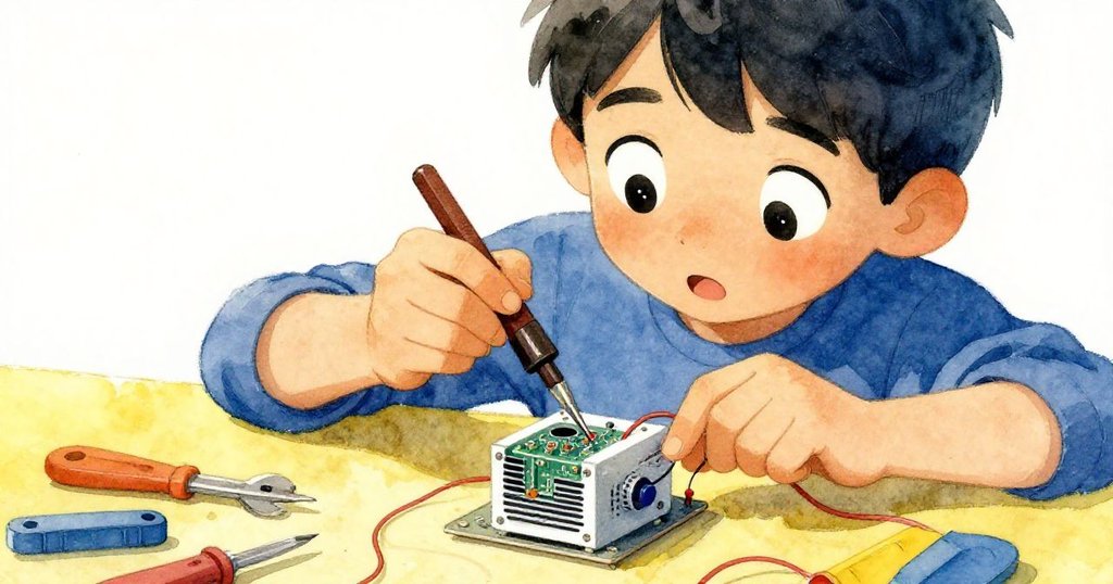 Marcos聚精會神地焊接投影立方內電路,他的雙手細緻操作工具,展現創新精神與技術細節。