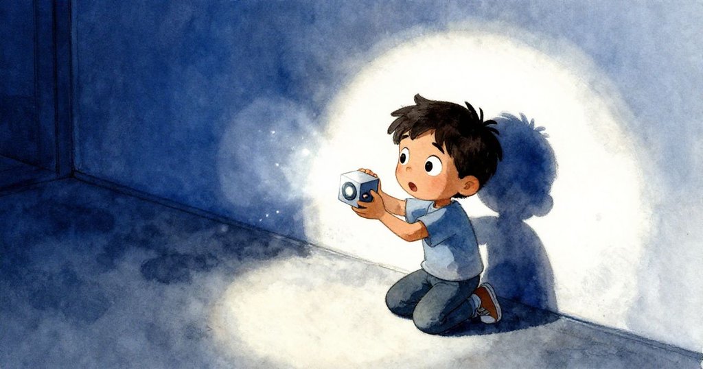 從高處俯瞰,Marcos跪在體育館牆邊調整投影裝置,燈光交錯中展露專注與期待情緒。