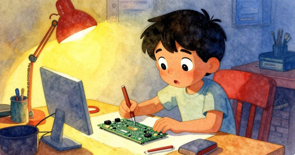 以溫暖懷舊色調展現Marcos在工作桌前焊接投影裝置的回憶,滿懷決心與創新精神。