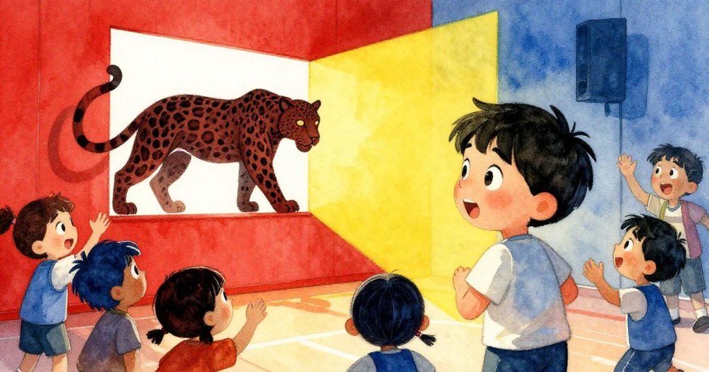 投影成功後,美洲豹輪廓閃現於體育館木地板上,劇團夥伴驚喜交談,Marcos暗中微笑檢查裝置。