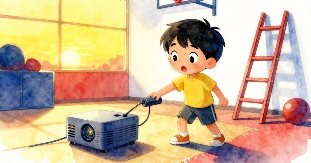 金色夕陽下,Marcos安靜地接上充電寶,投影立方靠近梯子穩立,體育館彌漫著成功與溫暖滿足感。