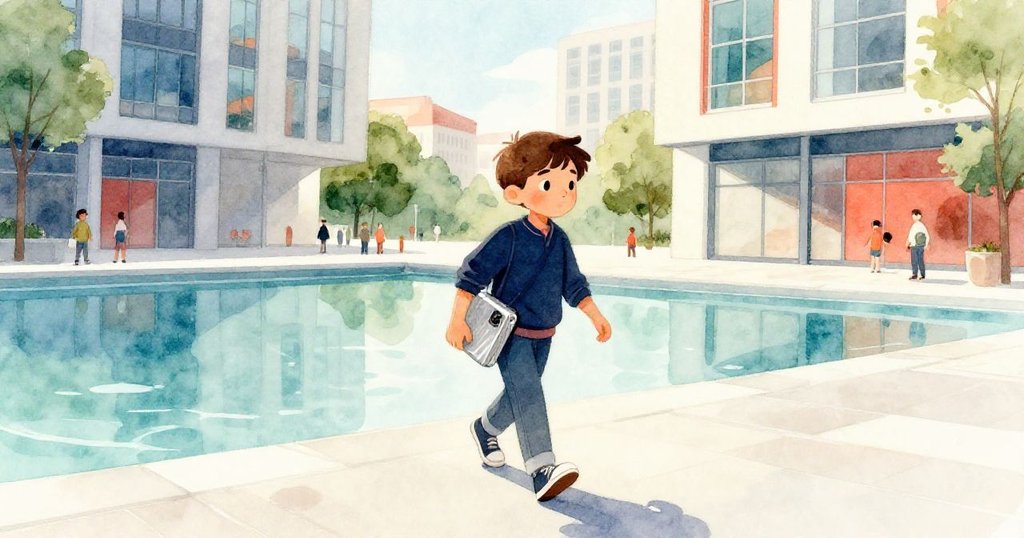 馬泰奧興奮踏入廣場,攜帶閃亮鋁製裝置,黃昏陽光映射高窗與水面,展現現代都市初始場景。