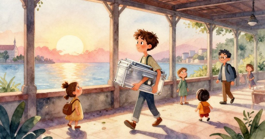 馬泰奧細心操作鋁製裝置與服務板,柔和光線中展現新舊技術對比,彰顯廣場科技魅力。